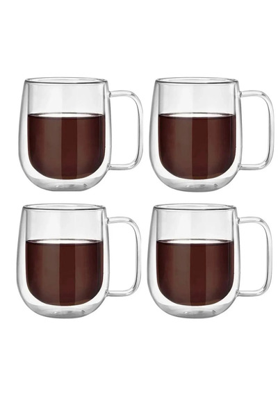 Berdina Home 4'lü Çift Camlı Çift Cidarlı Cam Kupa 350 ml Ev Ofis Fincanı Çift Katlı Isı Yalıtımlı Kulplu Bardak