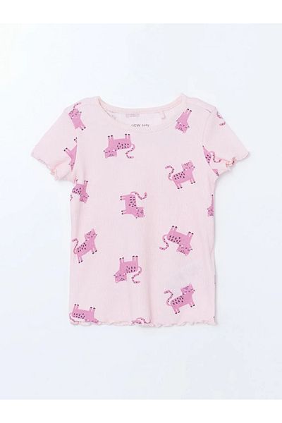 LC Waikiki Lcw Baby Pink Crew Neck Printed Baby Girl Pajamas Suit