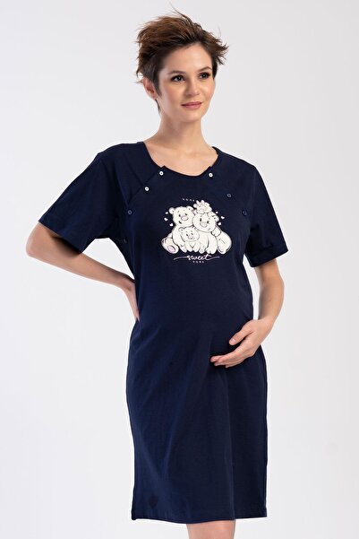 VİENETTA Cămașă de noapte pentru femei cu mânecă scurtă pentru maternitate și maternitate, albastru închis C3T9N0O104