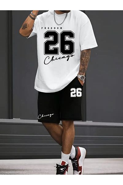 Hunors Sportswear & Company Men's White Black Oversize Freedom Printed Crew Neck Short Sleeve T-Shirt Shorts Set