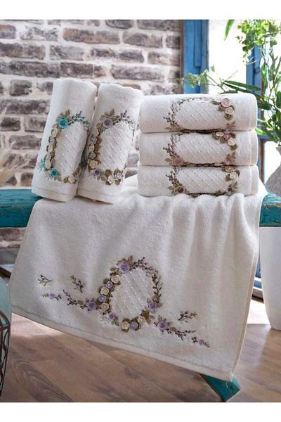 Fiesta Κρέμα Liza Handcrafted Bamboo Towel - 30X50, 6 τεμάχια 3D κεντημένο