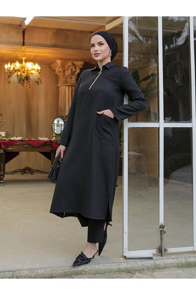 Modamorfo Long Linen Tunic with Collar Zippered Bag Pocket