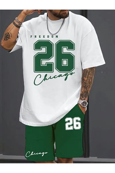 Hunors Sportswear & Company Férfi fehér zöld Oversize Freedom nyomott, rövid ujjú póló rövidnadrág szett