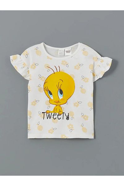 LC Waikiki Lcw Baby Ecru Crew Neck Tweety Printed Baby Girl Pajamas Set