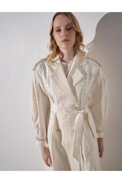 Kayra Goose Feet Patterned Jacquard Double Breasted Trench Coat Ecru