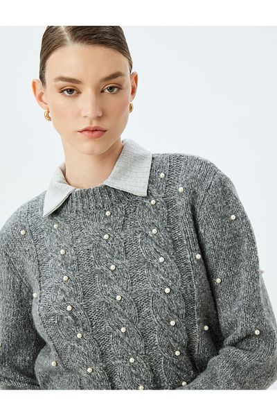 Koton Pulover din tricot de păr cu mânecă lungă și decolteu cu perle