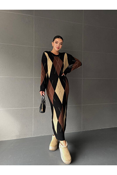 Modamorfo Φόρεμα από μαλακό πλεκτό με σχέδιο μπακλαβά -κ. Καφές