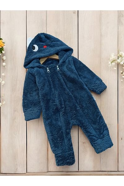 KİDOO BEBE Plush Jumpsuit with Embroidery Detail - Double Zipper and Hoodie