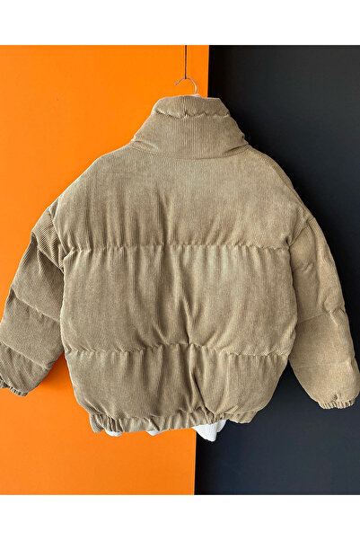 NO1 KONSEPT Μπεζ ζιβάγκο βελούδινο κοτλέ φουσκωτό παλτό