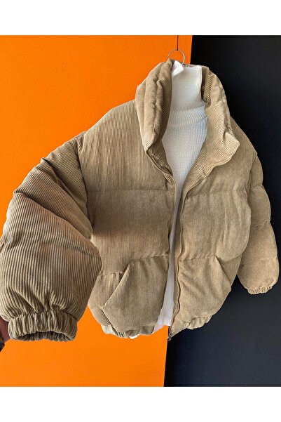 NO1 KONSEPT Μπεζ ζιβάγκο βελούδινο κοτλέ φουσκωτό παλτό