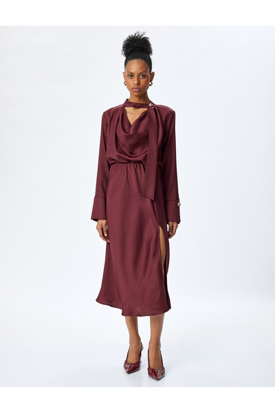 Koton Fularlı Degaje Yaka Yırtmaçlı Uzun Kollu Kloş Saten Elbise