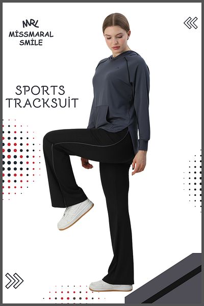 missmaral Women's Sports Tracksuit Set - Spanish Leg, Double Pocket, Hood, Kangaroo Pocket, Anthracite 3053