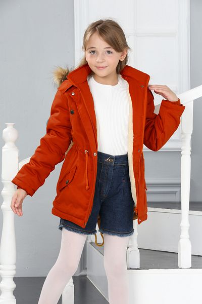 Wild Flower Hooded Long Girl's Winter Coat with Fleece Inside