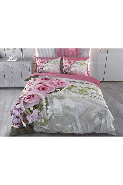 BEYZADE HOME 3D Double Duvet Cover Set 6 Pieces Rose with Pearls