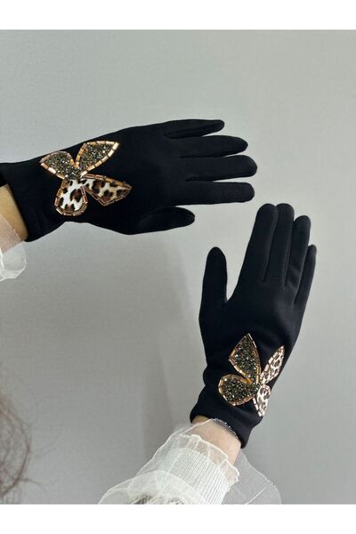 Gönülden Tasarım TAŞLI KELEBEKLİ DOKUNMATİK PARMAKLI KADIN KAŞMİR ELDİVEN