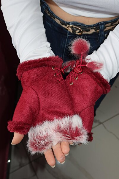 TAKIŞTIR Burgundy Color Plush Detailed Cut Out Gloves