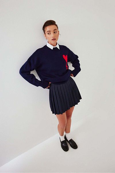 mathilda store Fusta mini plisată cu dungi bleumarin pentru femei