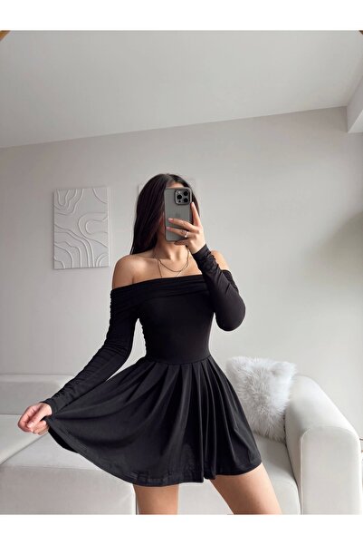 khar Madonna Yaka Pileli Elbise - SİYAH