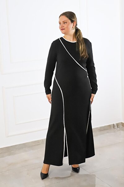 Bedrinxxl Büyük Beden Kadın Siyah Beyaz Şeritli Asimetrik Uzun Kollu Maxi Elb...