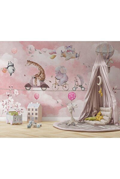 Tasarım Pembe Bulutlar Uçan Balon ve İp Üzerinde Gezen Sevimli Hayvanlar Çocu...