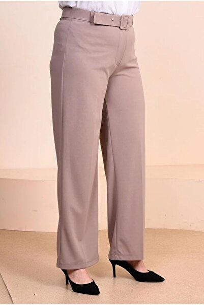 Ferace Large Size Women's Fabric Trousers - Belted and Wide Leg Palazzo Model