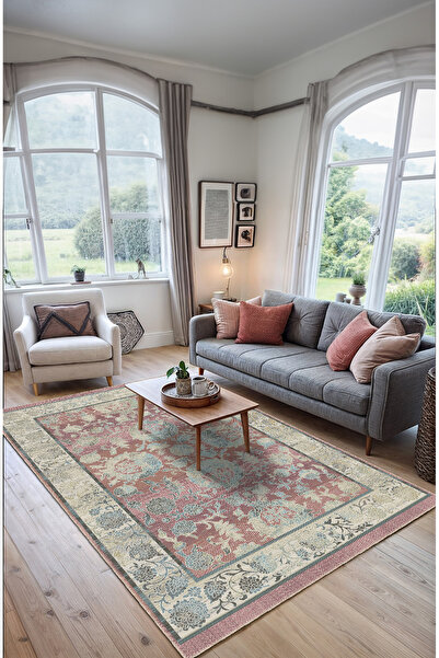 BigArts Home Zarif Çiçek Bahçesi Modern Vintage Şönil Salon Kilim, Dokuma Tab...