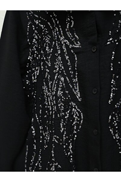 Modamorfo Sequin Embroidered Buttoned Shirt -Black