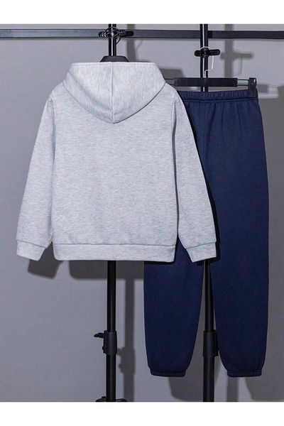 Afternoon Kids Hooded New York City Printed Gray - Navy Color Unisex Kids Tracksuit Set
