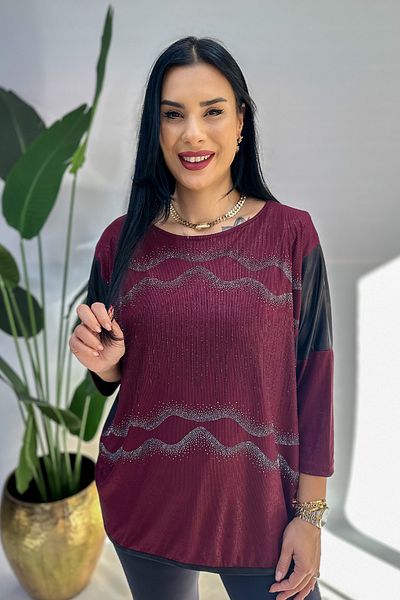 GÖKSEL Rhinestone Printed Plus Size Blouse - Burgundy