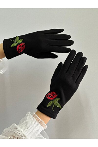 Gönülden Tasarım çiçek nakışlı dokunmatrik parmaklı kaşmir kadın eldiven