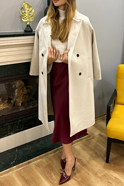 SeHlen Butik Dört Düğmeli Desenli Bej Palto