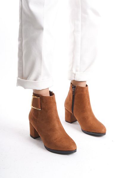 Santamarina Women's Athens Tan Suede Buckle Detailed Heeled Short Boots