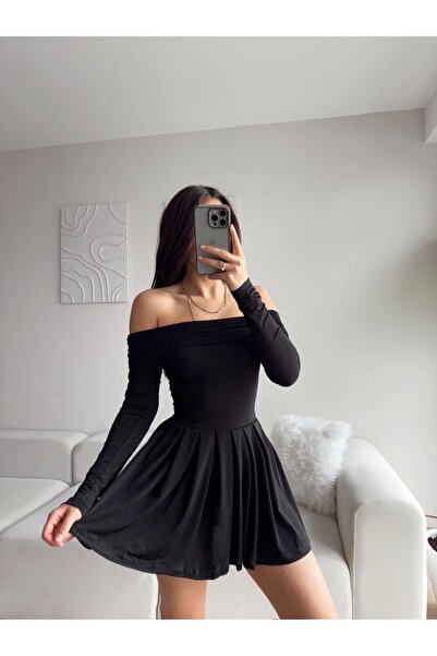 khar Madonna Yaka Pileli Elbise - SİYAH