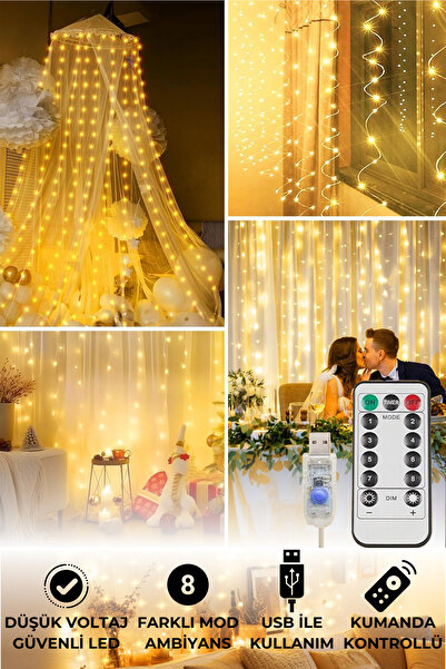 TechnoSmart Peri Telli Perde Led Işık Kumandalı 300 Ledli 3 X 3 Metre Usb'li 8 Animasyonlu Günışığı