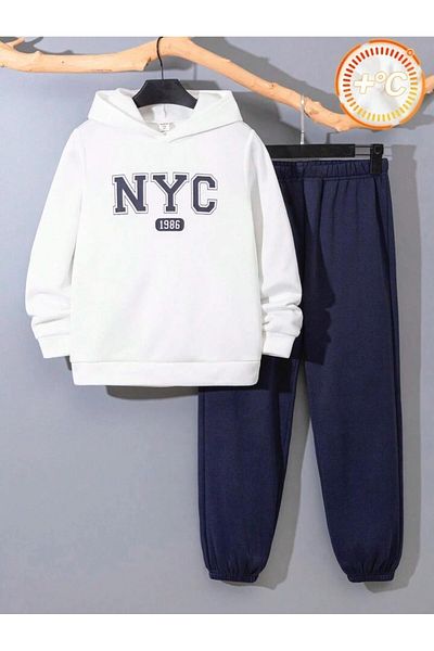 Afternoon Kids Hooded New York City Printed White - Navy Color Unisex Kids Tracksuit Set
