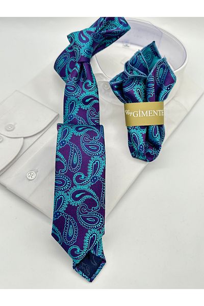 Gutiero Purple Blue Shawl Patterned Handkerchief Slim Tie