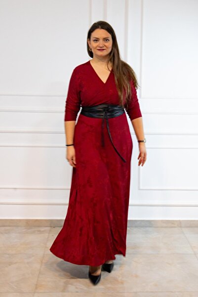 Bedrinxxl Kadın Büyük Beden Bordo Kemerli V Yaka Elbise Davet Şık Deri Kemerli