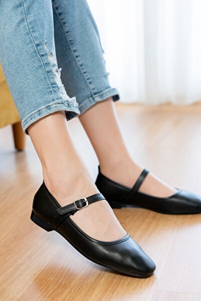 DİVOLYA Latte Black (1 cm Heeled) Round Toe Ballerinas with Helmet