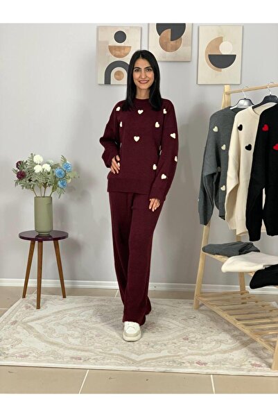 YusGos Women's Long Sleeve Heart Pattern Crew Neck Knitwear Sweater Pants Set