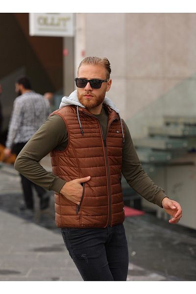 Wise Vestă pufă căptușită din bumbac pieptănat cu glugă pentru bărbați - cupru