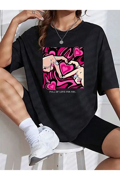Hunors Sportswear & Company Μαύρο μπλουζάκι Unisex Oversize - Καρδιά στάμπα, λαιμόκοψη, κοντό μανίκι