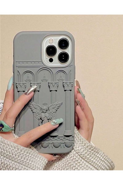 FİŞNEİLETİŞİM حافظة آيفون 16 بروماكس متوافقة مع نمط الملاك ثلاثي الأبعاد (رمادي)