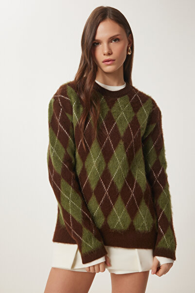 Lovelyİstanbul М'який трикотажний светр з візерунком баклава ЗЕЛЕНИЙ КОРИЧНЕВ...