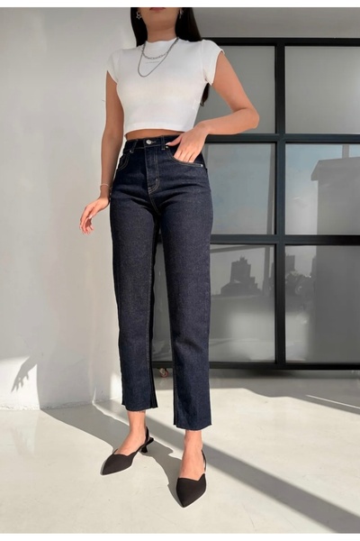 POYDER Zr Jean Kadın Boyfit Paçası Kesik Koyu Lacivert