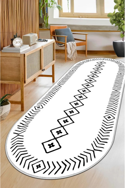 Confidence Home Machine Washable Non-Slip Base Stain Resistant Oval Runner White Cutting Runner for Home Decoration