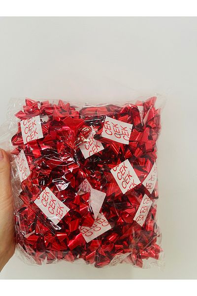 HUR-AY PACK 100Pcs Red Color Metallized Star Gift Ornament / Red Raffia Gift Wrap Ornament Star