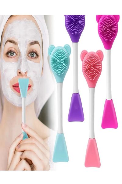 TİNEKE 3 in 1 Teddy Bear Silicone Mask Applying Exfoliating and Cleaning Brush Silicone Mask Spatula