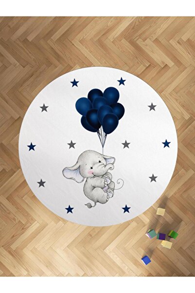 MEKTA HOME BEBEK VE ÇOCUK ODASI Mavi Balonlu Fil Desenli Yuvarlak Halı