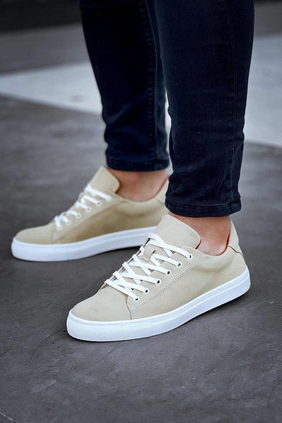 KunduraHane Ανδρικά παπούτσια WİSMAR Beige Suede Casual με επίπεδη σόλα και κορδόνια - KBC