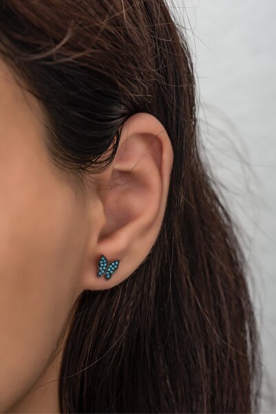 Nereze Gümüş Minik Turkuaz Taşlı Kelebek Küpe 925 Ayar